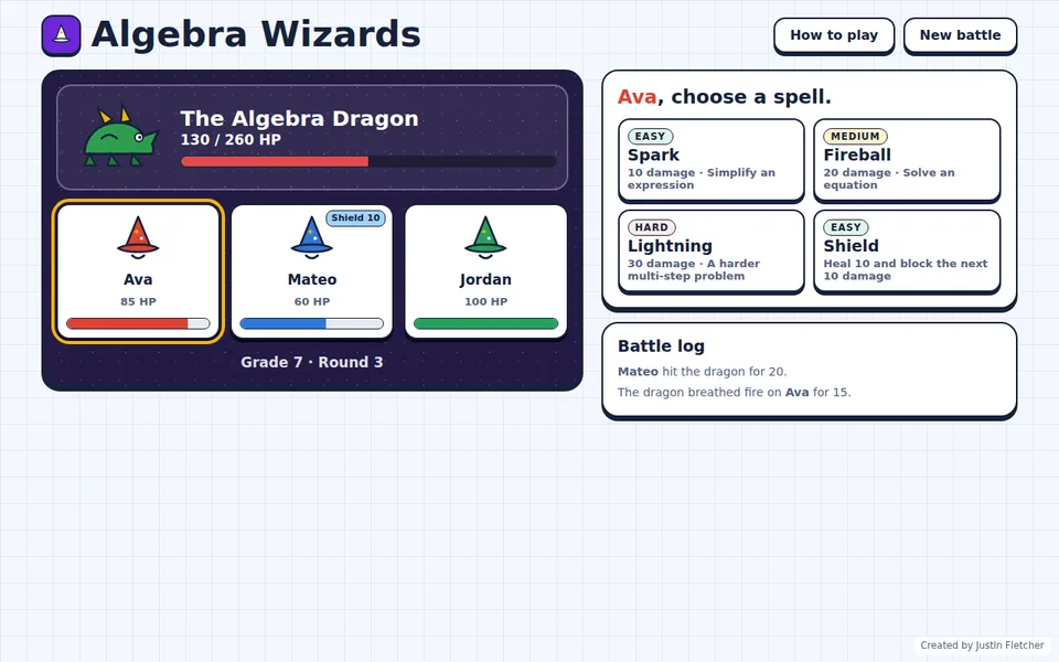 Screenshot of Algebra Wizards in the middle of a game