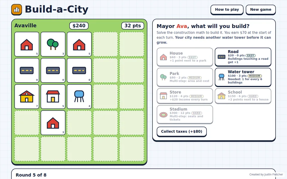 Screenshot of Build-a-City in the middle of a game