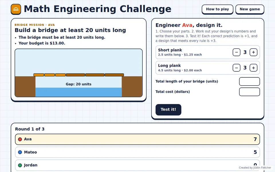 Screenshot of Math Engineering Challenge in the middle of a game