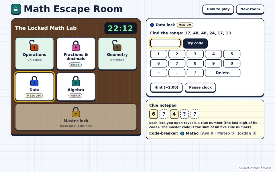 Screenshot of Math Escape Room in the middle of a game