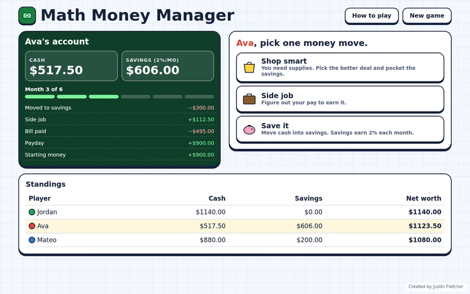 Screenshot of Math Money Manager in the middle of a game