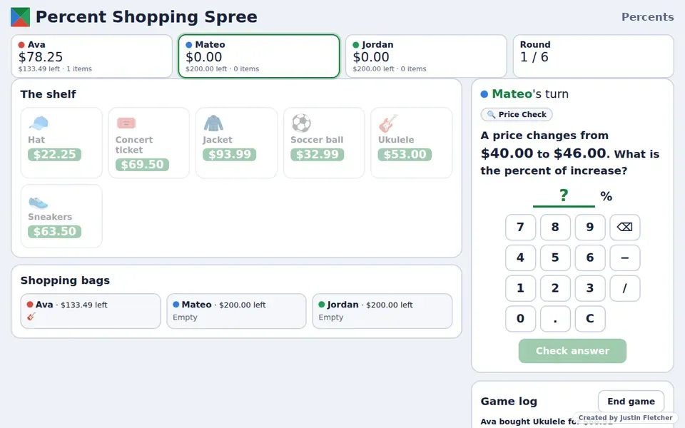 Screenshot of Percent Shopping Spree in the middle of a game
