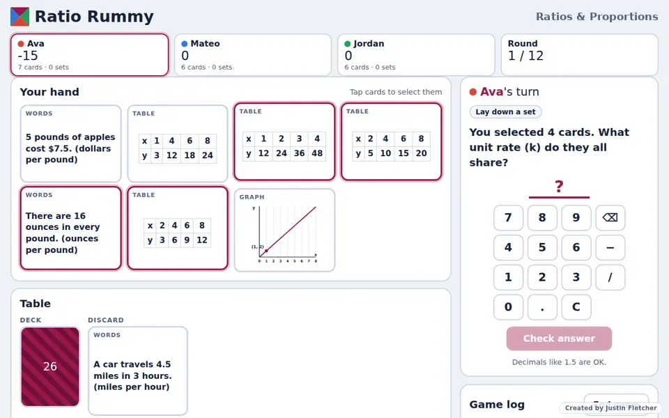 Screenshot of Ratio Rummy in the middle of a game